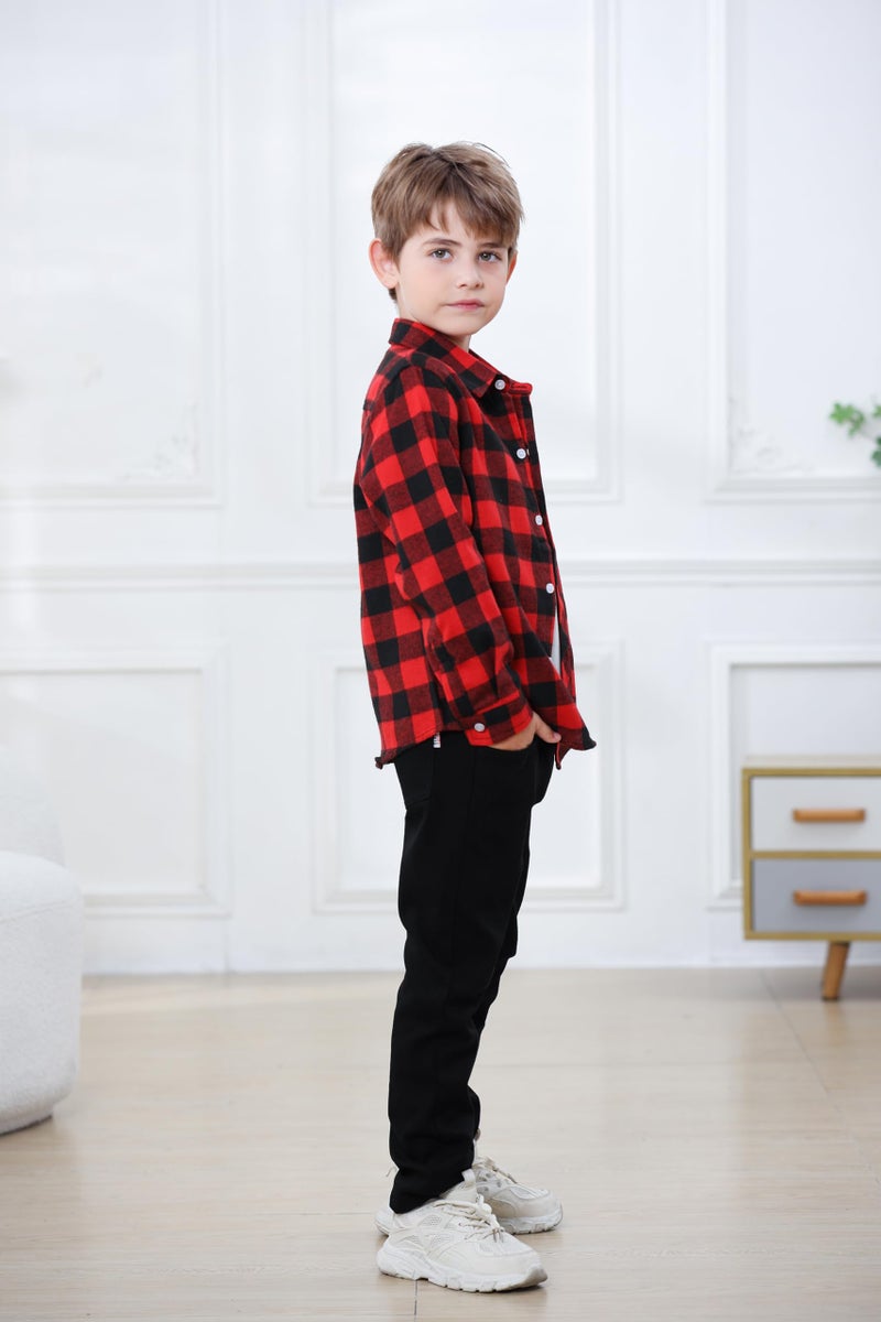 Betusline Kids Toddlers Little & Big Boys Girls Plaid Button Down Long Sleeve Flannel Shirt Tops, Flannel# Red + Black, 3-4 Years = Tag 110 - Image 5